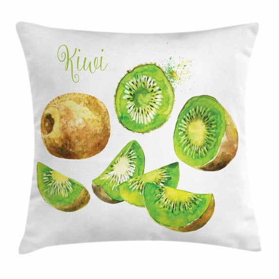 Fruit Throw Pillow Cushion Cover, Whole and Sliced Kiwis Watercolor Tropical Food Exotic Vegan Options, Decorative Square Accent Pillow Case, 16 X 16 Inches, Apple Green and Pale Brown, by Ambesonne