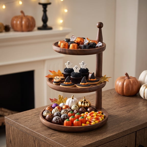 Fruit Tray, 3 Tier 13x9 Inch Solid Walnut Wood Tiered Snack Platter, Brown Afternoon Tea Candy Dessert Serving Tray for Living Room, Kitchen, Dining Table Decor