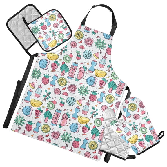 Fruit Tree Bottle 5 Pcs Kitchen Set Heat Resistant Oven Mitts and Non-Slip Pot Holders with Adjustable Cooking Apron