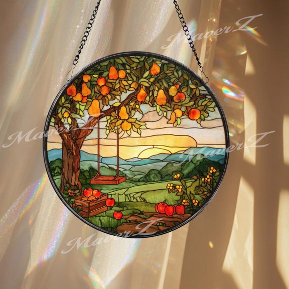 Fruit Tree Glass Suncatcher, Round Orchard Swing Sunset Window Panel, Farmhouse, 3.5 in