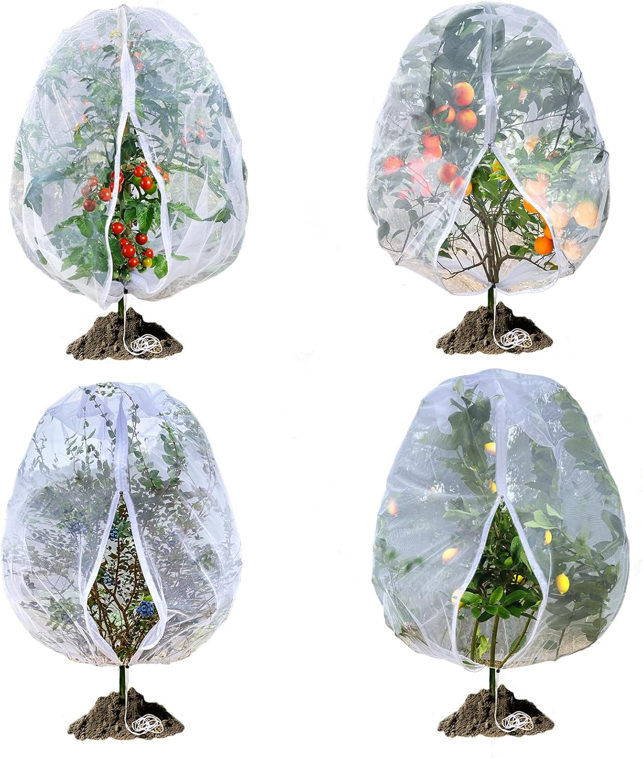 Fruit Tree Netting,  3.3 x 2.6 FT Blueberry Bush Netting Cover with Zipper Drawstring, Outdoor Mosquito Net Garden Netting Protector Plant from Birds Cicadas Animals Insect (4 PCS, White)
