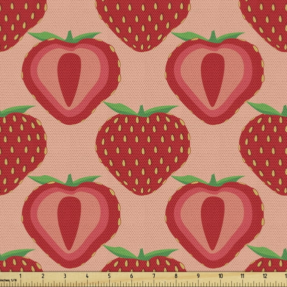 Fruit Upholstery Fabric by the Yard, Repetitive Digitally Generated Illustration of Summer Strawberries, Decorative Fabric for DIY and Home Accents, Dark Coral and Fern Green by Ambesonne