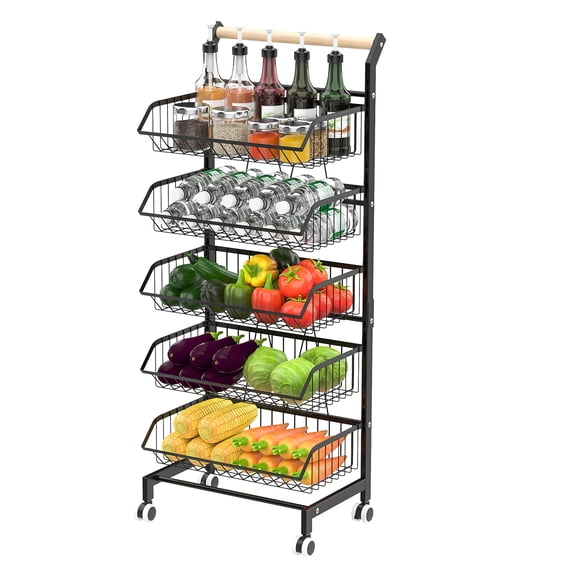 Fruit Vegetable Basket, 5-Tier Adjustable Rolling Pantry Kitchen Cart on Wheels, Metal Wire Storage Basket Cart for Fruit, Potato, Onion, Vegetable, Snack, Produce