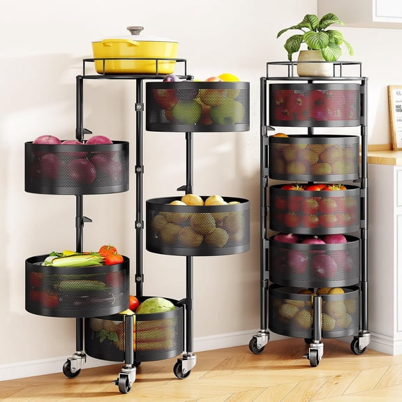 Fruit and Vegetable Basket Bowls for Kitchen with Metal Top Lid, 5 Tier Rotating Storage Rack Cart for Potato Onion Banana, Wire Basket Organizer on Wheels, Large