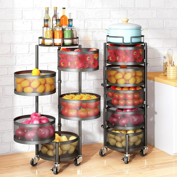 Fruit and Vegetable Basket Bowls for Kitchen with Metal Top Lid, 5 Tier Rotating Storage Rack Cart for Potato Onion Bread Banana, Wire Basket Organizer on Wheels, Large, Black