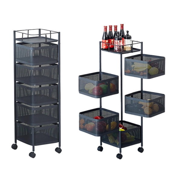 Fruit and Vegetable Basket Bowls for Kitchen with Metal Top Lid, 5 Tier Rotating Storage Rack Cart for Potato Onion Bread Banana, Wire Basket Organizer on Wheels, Lockable Casters