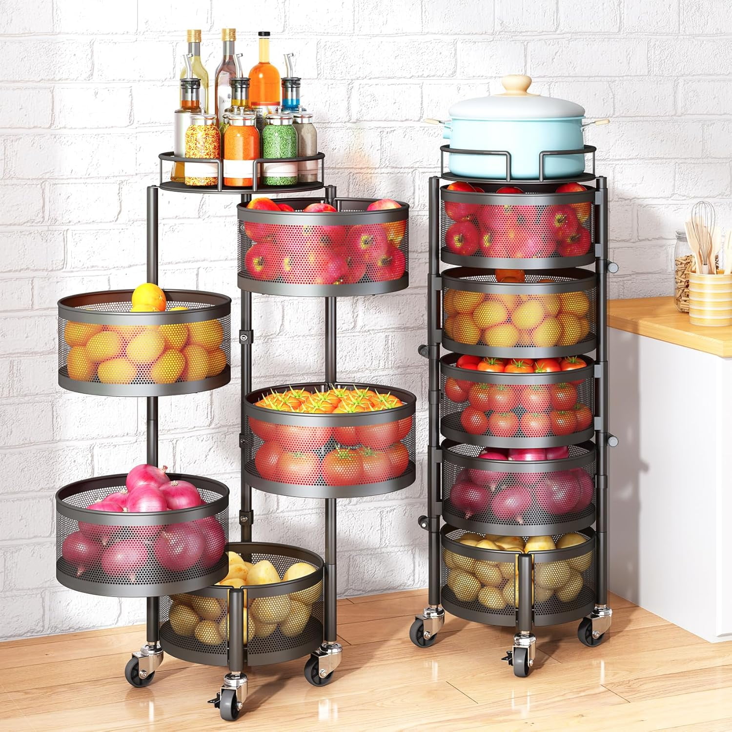 Black Metal 5-Tier Rotating Storage Rack with Wheels