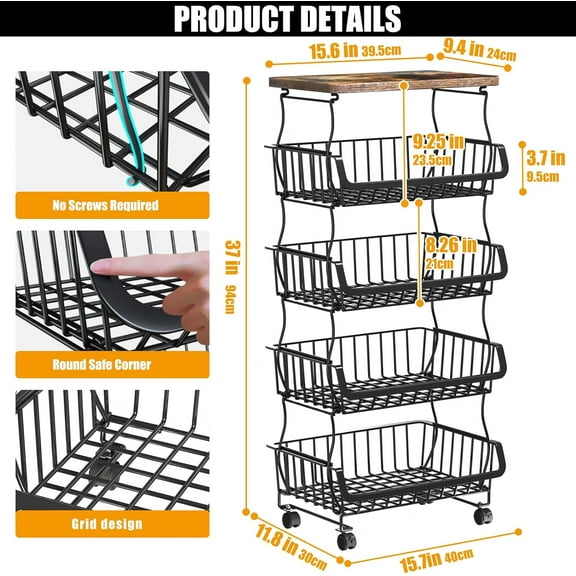 Fruit Vegetable Basket for Kitchen, 5 Tier Stackable Fruit Vegetable Storage Baskets with Wheels, Metal Wire Storage Basket Organizer Baskets for Kitchen, Pantry, Bathroom