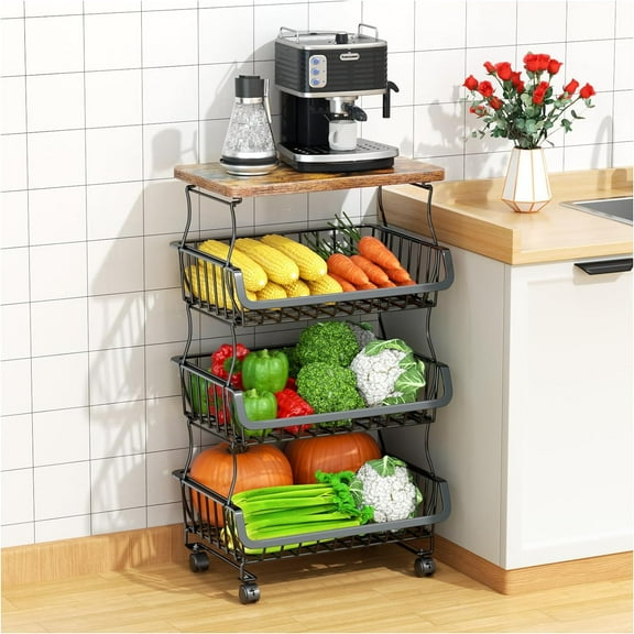 Fruit Vegetable Basket for Kitchen, 5 Tier Stackable Fruit Vegetable Storage Baskets with Wheels, Metal Wire Storage Basket Organizer Cart for Kitchen, Pantry, Bathroom