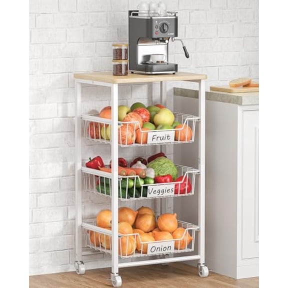 Fruit Vegetable Basket for Kitchen Pantry Storage Organizer, 4-Tier Metal Utility Kitchen Rolling Cart on Wheels with Drawer Rack and Wood Top for Potatoes Onions