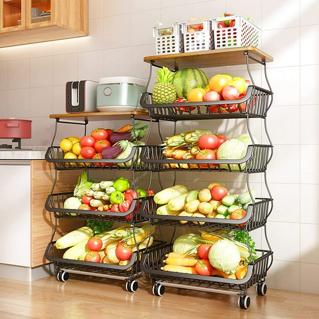 Fruit and Vegetable Basket for Kitchen Wood Top,5 Tier Stackable Metal ...