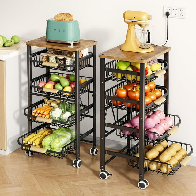 Fruit Vegetable Basket for Kitchen Pantry Organizers,  Large Pull-Out Wire Basket with Wood Top and Wheels for Fruit Vegetable Onions Potatoes Snacks