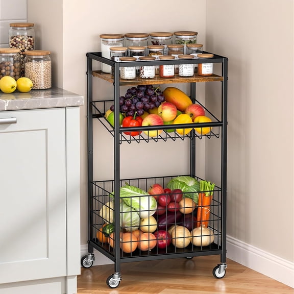 Fruit Vegetable Cart, 3-Tier Snack Kitchen Cart on Wheels & Wood Top, Utility Shelf Rack Organizer for Fruit, Vegetables, Potato, Snack, Brown