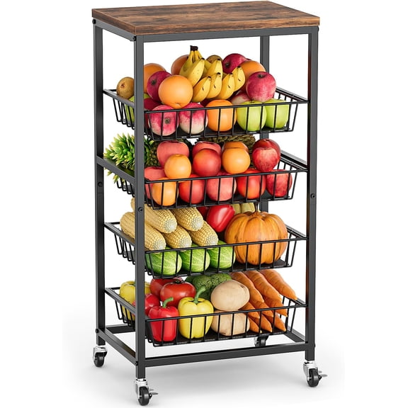 Fruit Vegetable Cart, 4-Tier Snack & Kitchen Cart Wheels with Storage, Pull-Out Baskets & Top, Rolling Organizer for Pantry, Living Room (Brown)