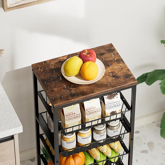 Fruit Vegetable Cart, 4-Tier Snack & Kitchen Storage Cart on Wheels with Pull-Out Baskets & Wood Top, Rolling Organizer for Pantry Living Room (Brown)