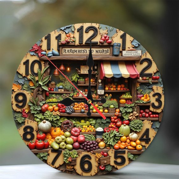 Fruit Vegetable Market Clock Wall Decor 10-Inch Silent Wooden Wall Clock, Battery Operated (AA Batteries Not Included), Artistic Home Decor