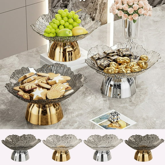 Fruit & Vegetable Serving Tray with Detachable Base | Plastic Snack Plates for Home Kitchen & Parties | Gold or Silver Color | 9.45x9.45x4.72 Inch