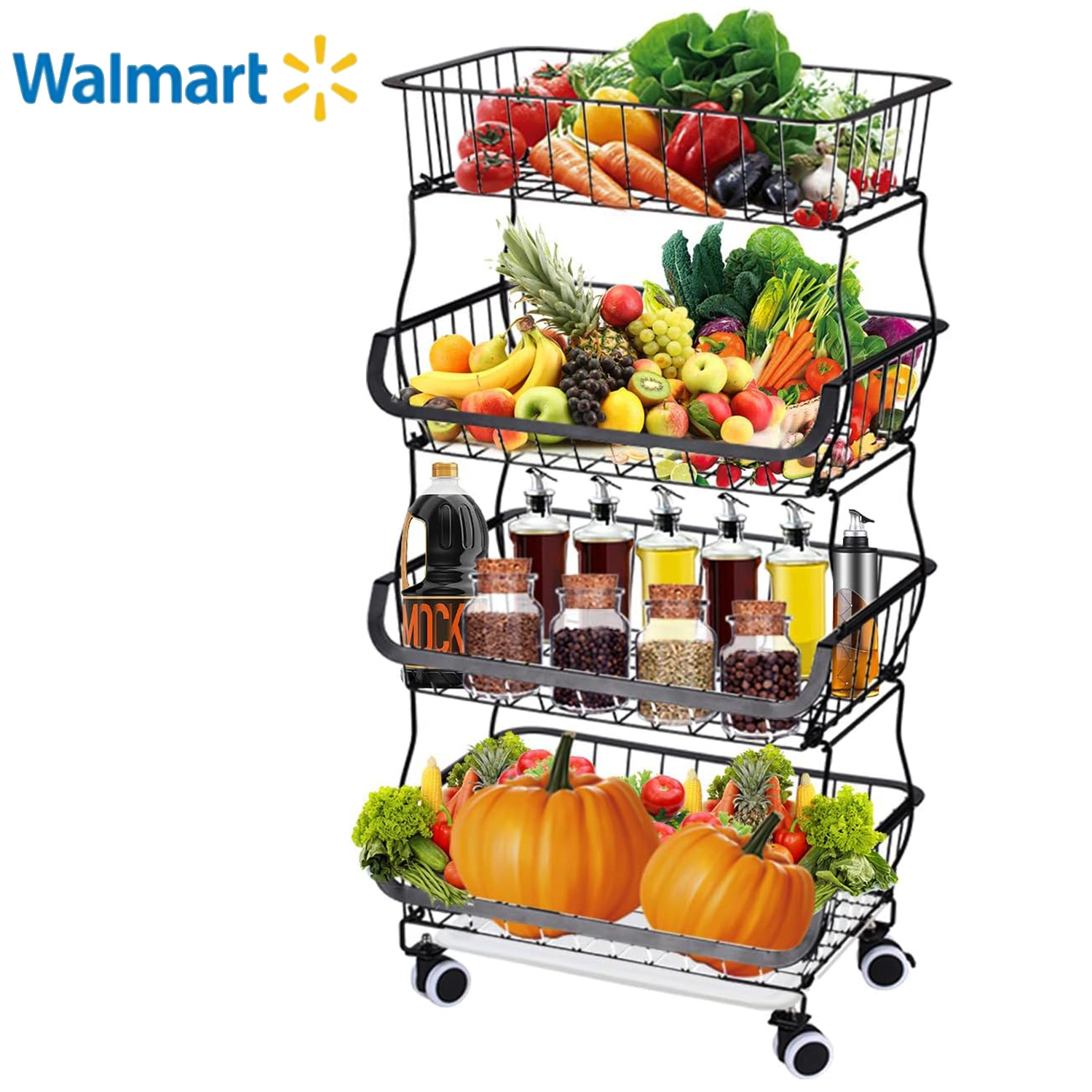 Fruit Vegetable Storage Basket, 4 Tier Stackable Metal Wire Storage