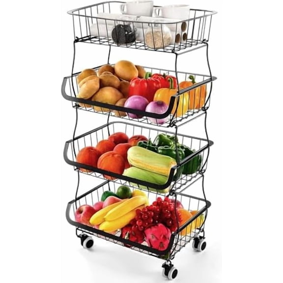 Fruit Vegetable Storage Basket, 4 Tier Stackable Metal Wire Storage Baskets with Wheels, Fruit Vegetable Produce Basket Organizer Bins for Kitchen, Pantry, Bathroom