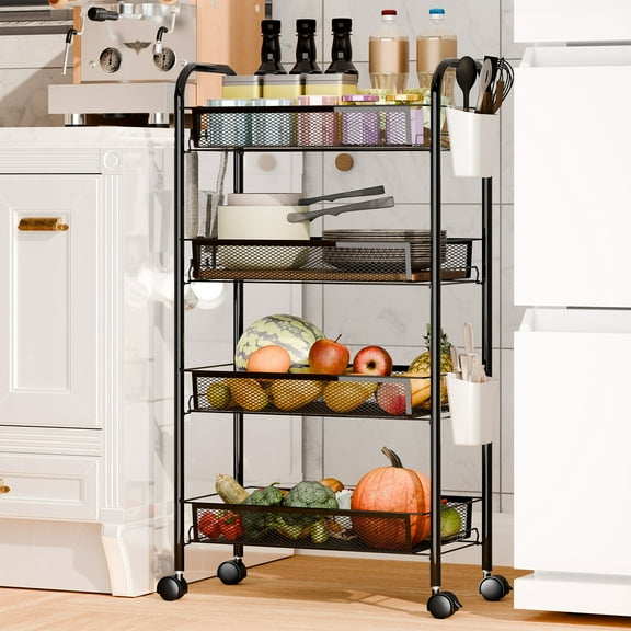 Fruit Vegetable Storage Basket, 5 Tier Stackable Metal Mesh Storage Basket with 360 Degree Wheels, Fruit Vegetable Produce Basket Storage Organizer for Kitchen, Pantry, Bathroom