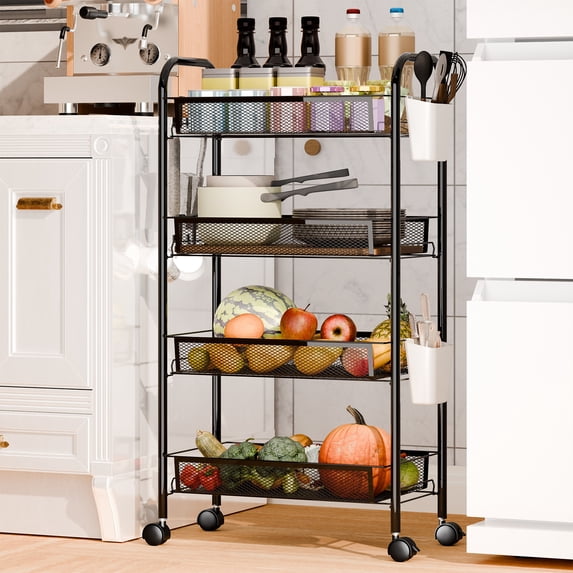 Fruit Vegetable Storage Basket, 5 Tier Stackable Metal Mesh Storage Basket with 360 Degree Wheels, Fruit Vegetable Produce Basket Storage Organizer for Kitchen, Pantry, Bathroom
