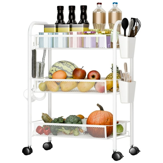 Fruit Vegetable Storage Basket, 5 Tier Stackable Metal Mesh Storage Basket with 360 Degree Wheels, Fruit Vegetable Produce Basket Storage Organizer for Kitchen, Pantry, Bathroom