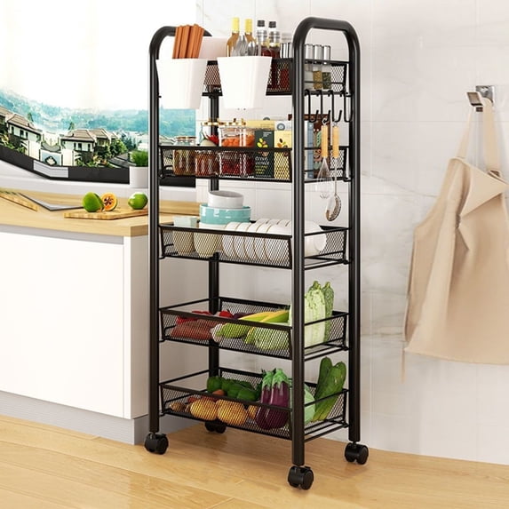 Fruit Vegetable Storage Basket, 5 Tier Stackable Metal Mesh Storage Basket with Wheels,2 Hanging Boxes, Kitchen Storage Cart,Organizer Bins for Kitchen, Bathroom Black 5-Layers
