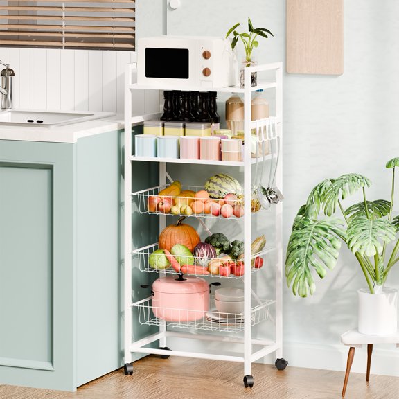 Fruit Vegetable Storage Basket, 5 Tier Stackable Metal Wire Storage Baskets with Wheels, Fruit Vegetable Basket Organizer for Kitchen, Pantry, Bathroom Lanzxjv