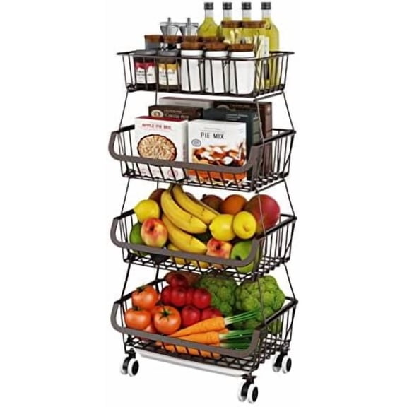 Fruit Vegetable Storage Basket for Kitchen - 4 Tier Stackable Metal Wire Baskets Cart with Rolling Wheels Utility Fruits Rack Produce Snack Organizer Bins for Pantry Bathroom Laundry Bronze