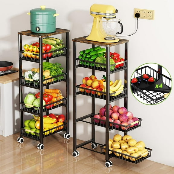 Fruit Vegetable Storage Basket for Kitchen, 5 Tier Large Pull-Out Metal Wire Baskets with 4 Pack Mats Bottom, Wood Top and Wheels, Vegetable Produce Bins Stand Cart Rack for Onions and Potatoes