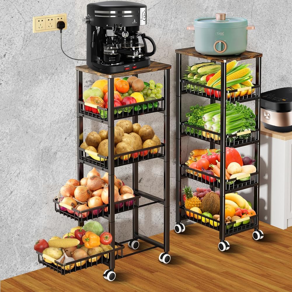 Fruit Vegetable Storage Basket for Kitchen, 5 Tier Large PullOut Wire