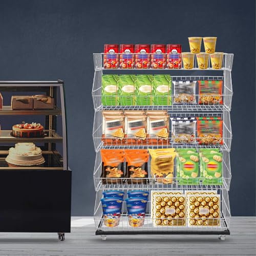 Fruit Vegetable Storage Basket for Kitchen, 5 Tier Stackable Metal Wire Basket Stand Cart w/Wheel Rolling Pantry Retail Display Rack Fruit Basket Organizer Baskets for Kitchen, Pan