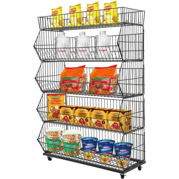 Fruit Vegetable Storage Basket for Kitchen, 5 Tier Stackable Metal Wire Basket Stand Cart w/Wheel Rolling Pantry Retail Display Rack Fruit Basket Organizer Baskets for Kitchen, Pantry (Black,White)