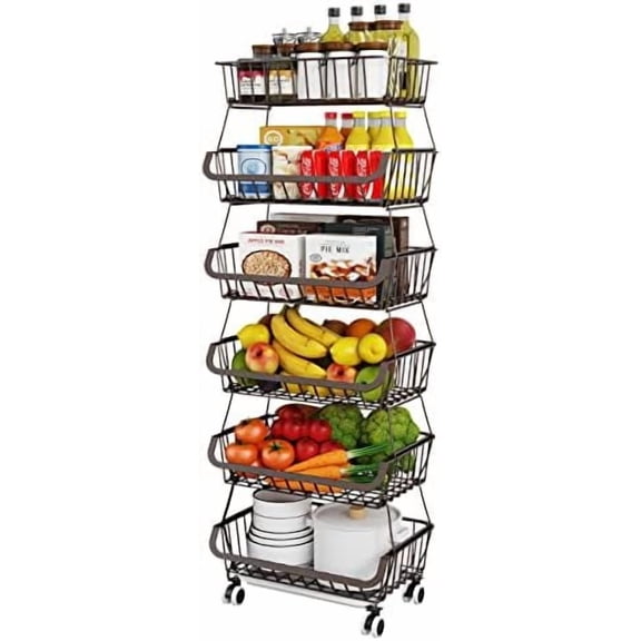 Fruit Vegetable Storage Basket for Kitchen - 6 Tier Stackable Metal Wire Baskets Cart with Rolling Wheels Utility Fruits Rack Produce Snack Organizer Bins for Pantry Bathroom Laundry Bronze