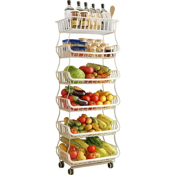 Fruit Vegetable Storage Basket with Wheels, 6 Tier Stackable Wire Storage Baskets, Tall Standing Produce Kitchen Rack Display, Narrow Rolling Cart for Pantry Onion Potato, White
