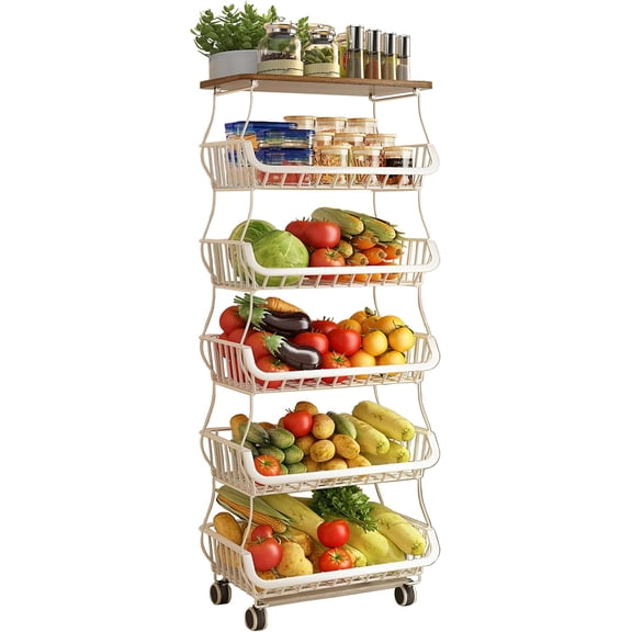 Fruit Vegetable Storage Basket with Wooden Lid, 6 Tier Stackable Kitchen Cart with Wheels, Tall Produce Snack Racks Display, Narrow Rolling Cart for Pantry Onion Potato, White