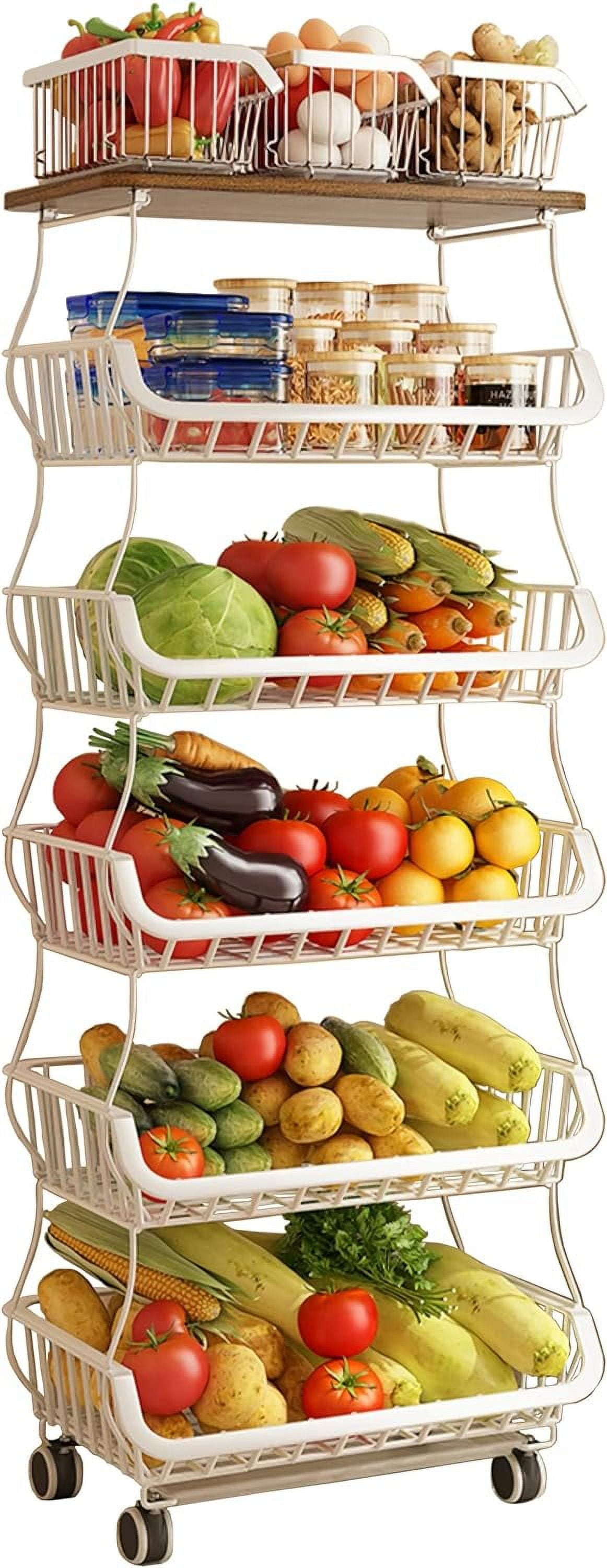 Rooling Produce Racks Fruit Vegetable Storage Basket with Wooden Lid, 6 Tier Stackable ...