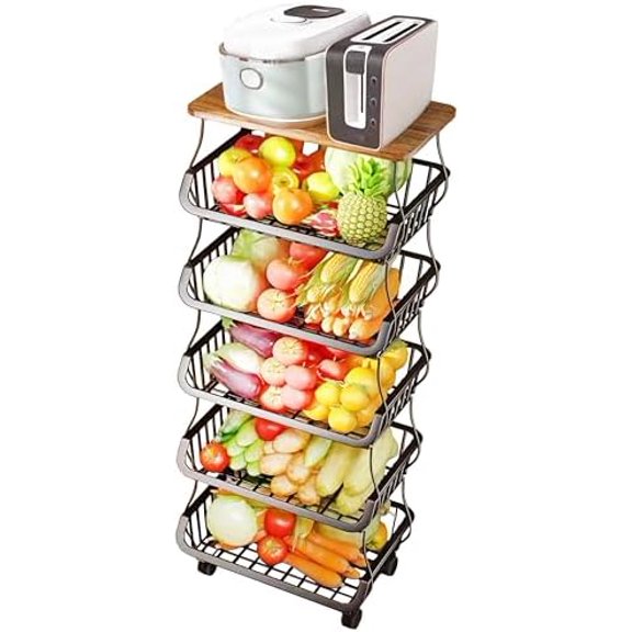 Fruit Vegetable Storage Basket with Wooden Lid, 6 Tier Stackable Wire Kitchen Cart with Wheels, Tall Produce Snack Racks Display, Narrow Rolling Cart for Pantry Onion Potato, Black