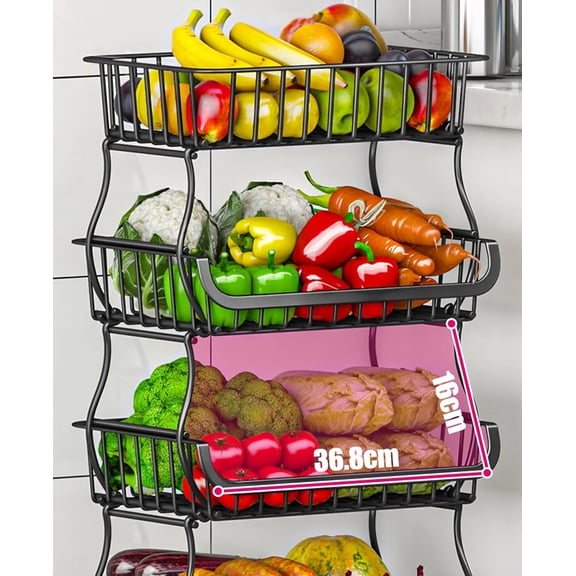 Fruit Vegetable Storage Baskets with Wheels, 6 Tier Stackable Wire Storage Baskets, Tall Standing Produce Kitchen Rack, Narrow Rolling Cart for Pantry Snack Onion Potato, Black