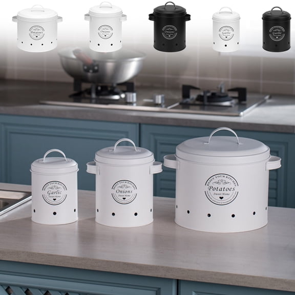 Fruit Vegetable Storage Bucket | Iron Kitchen Organizer with Handles | Stain-Resistant Lid | Wide Opening Container for Potatoes Onions Garlic | 1-Pack | 11x11x14 cm Black or White