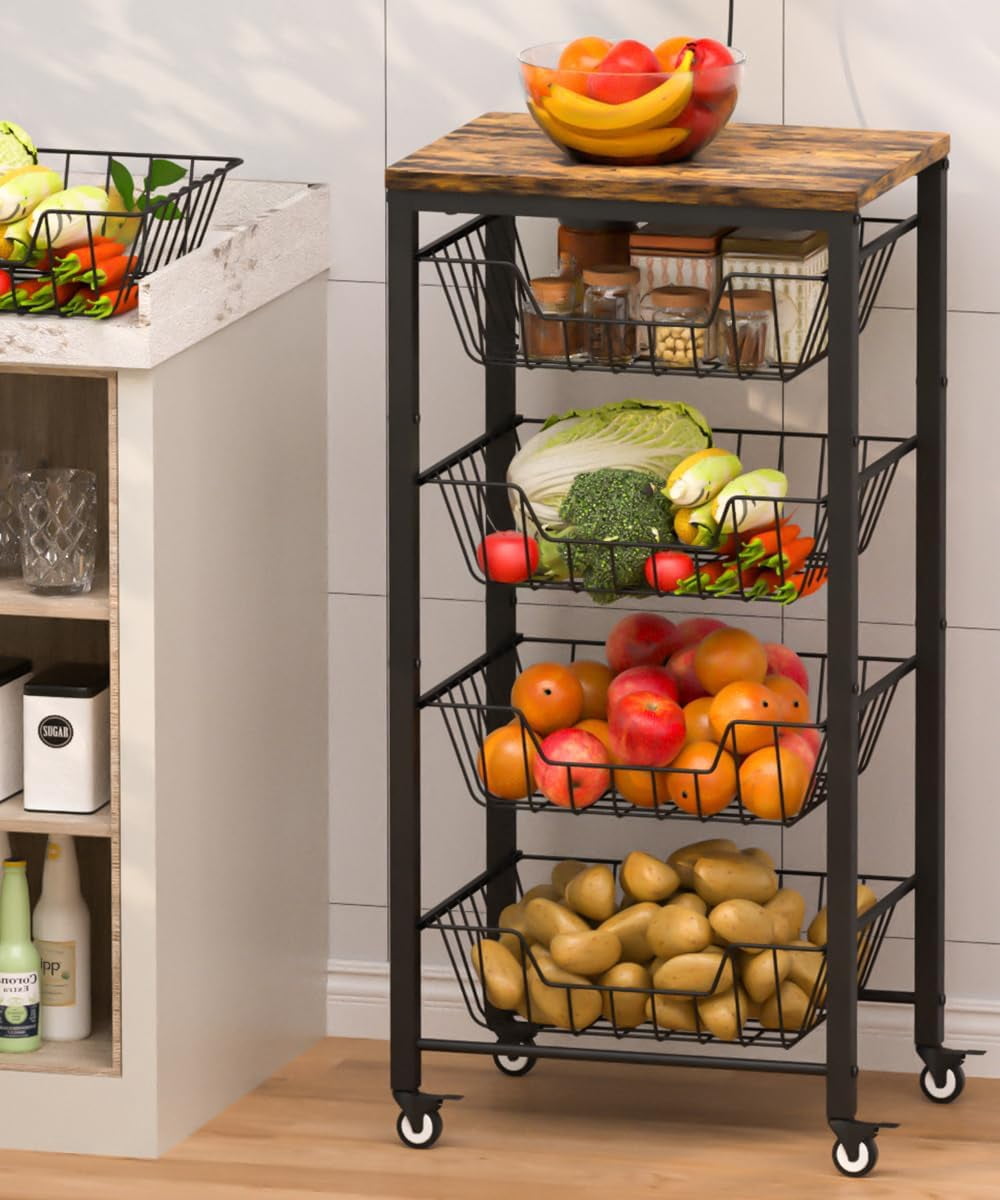 Fruit Vegetable Storage Cart for Kitchen, 5-Tier Vegetable Stand Rack with Pull-Out Fruit Baskets, Rolling Snack Cart with Wood Top & Banana Holder for Pantry, Living Room, Bathroom, Black