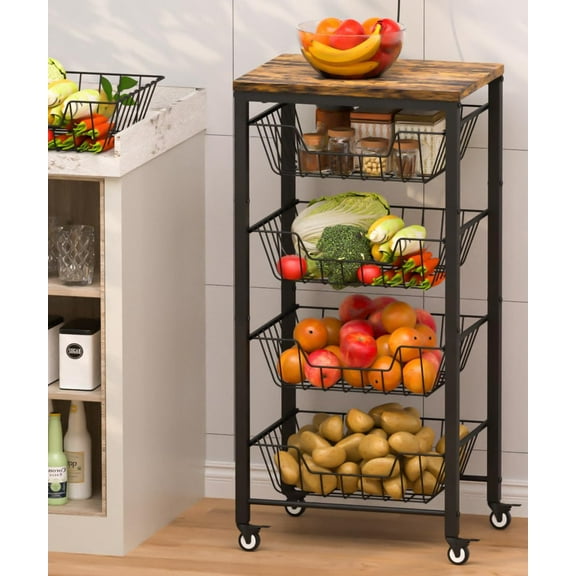 Fruit Vegetable Storage Cart for Kitchen, 5-Tier Vegetable Stand Rack with Pull-Out Fruit Baskets, Rolling Snack Cart with Wood Top & Banana Holder for Pantry, Living Room, Bathroom, Black