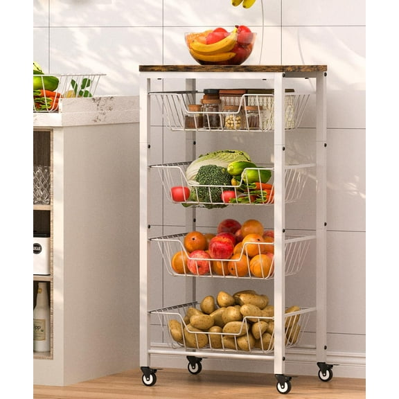 Fruit Vegetable Storage Cart for Kitchen, 5-Tier Vegetable Stand Rack with Pull-Out Fruit Baskets, Rolling Snack Cart with Wood Top & Banana Holder for Pantry, Living Room, Bathroom, White