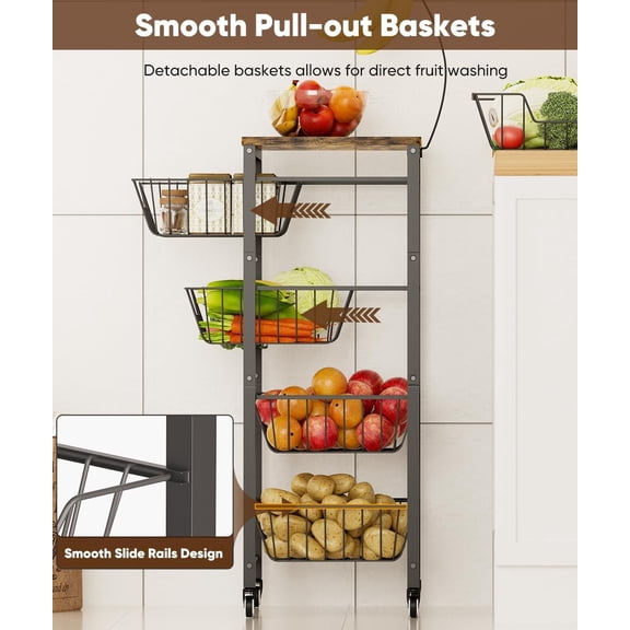 Fruit Vegetable Storage Cart for Kitchen, 5-Tier Vegetable Stand Rack with Pull-Out Fruit Baskets, Rolling Snack Cart with Wood Top & Banana Holder for Pantry, Living Room, Bathroom, Black