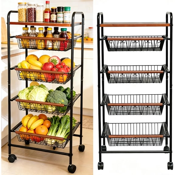Fruit Vegetable Storage Cart for Kitchen, 5-Tier Vegetable Stand Rack with Pull-Out Fruit Baskets, Rolling Snack Cart with Wood Top for Pantry, Living Room, Bathroom