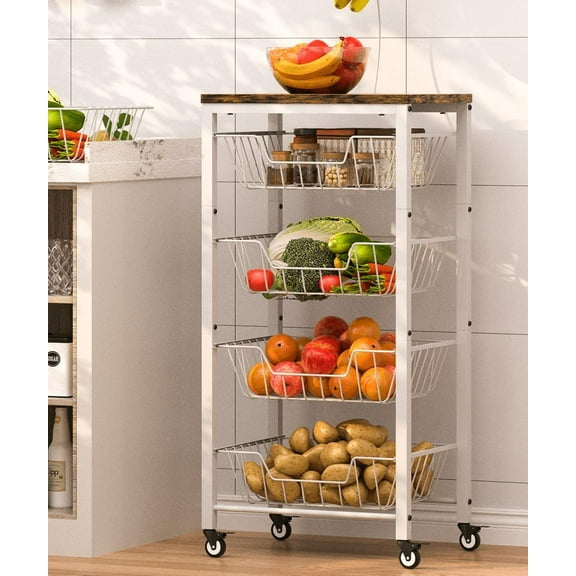 Fruit Vegetable Storage Cart for Kitchen, 5-Tier Vegetable Stand Rack with Pull-Out Metal Wire Baskets, Snack Organizer with Wood Top & Banana Holder for Pantry, Living Room, Bathroom, White