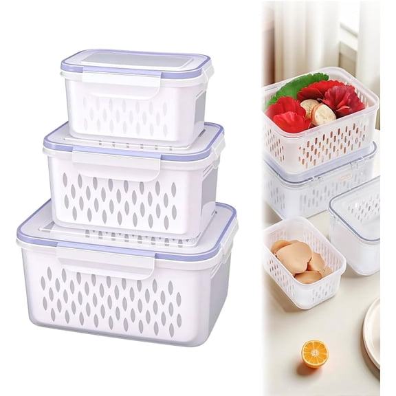 Fruit and Vegetable Storage Containers for Fridge, 3-Piece Clear Plastic Produce Keeper with Removable Colander, Airtight Lid and Breathable Design for Berries and Vegetables