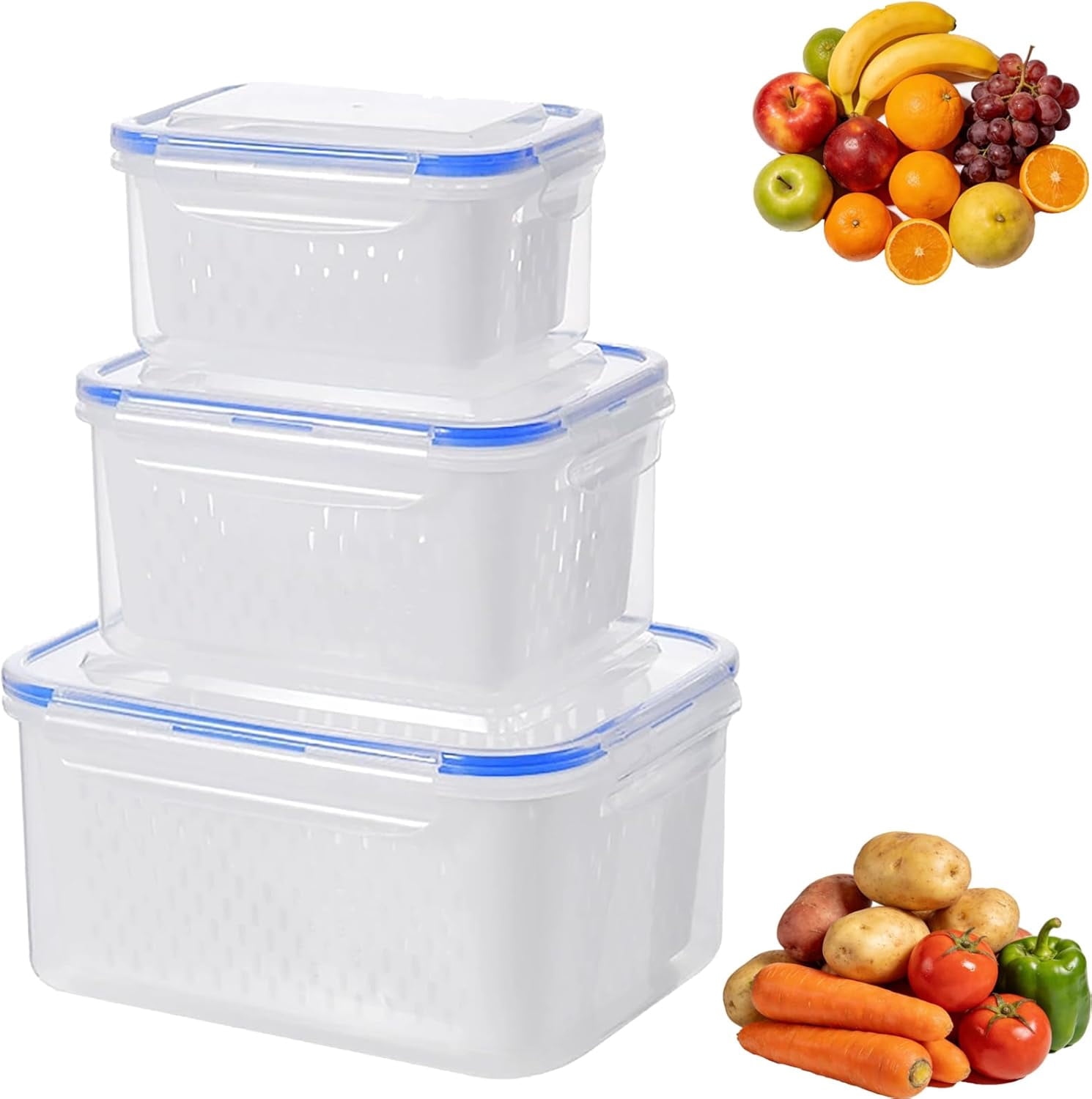 Fruit Vegetable Storage Containers for Fridge, 4 in 1 Food Storage Containers with Lids, Stackable Fruit Storag𝐞 Container𝐬, for Vegetables & Frui𝐭 Organization (A,3PC)