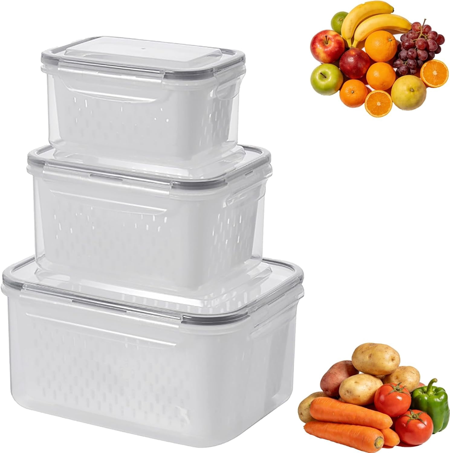 Fruit Vegetable Storage Containers for Fridge, 4 in 1 Food Storage Containers with Lids, Stackable Fruit Storag𝐞 Container𝐬, for Vegetables & Frui𝐭 Organization (B,3PC)