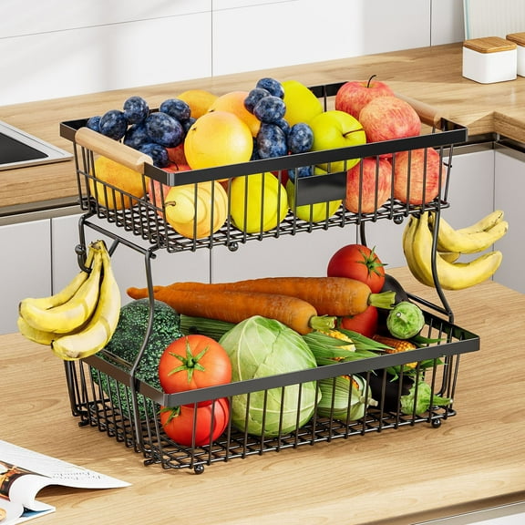 Fruit and Vegetable Storage Rack | Double Layer Detachable Organizer | Wooden Handle | Sturdy Metal Basket for Kitchen or Living Room | Portable Countertop Tray | 1 Pack